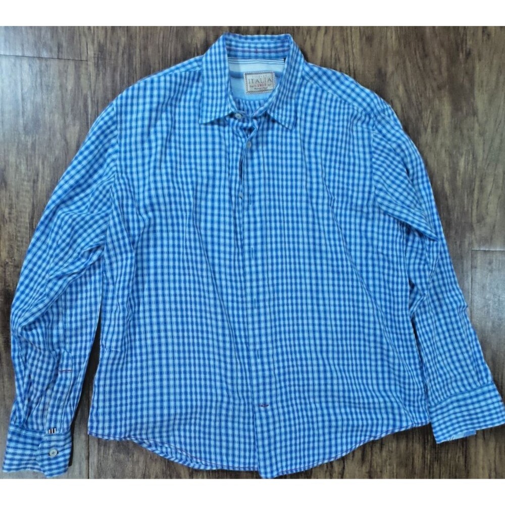 Vintage Italia Mens Button Front Blue Shirt, Plaid long Sleeve, XL